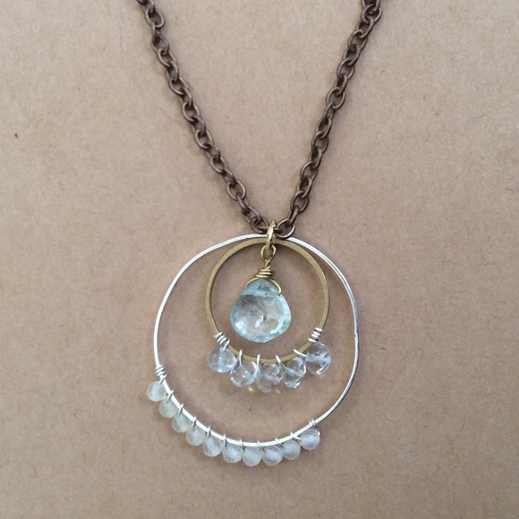 Handcrafted Sundance charm natural aquamarine lemon quartz brass necklace 30” - Picture 6 of 9